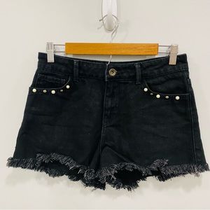 ZARA Basic Denim 2 Black Cutoff Studded Mini Denim Jean Shorts Goth Grunge Fray
